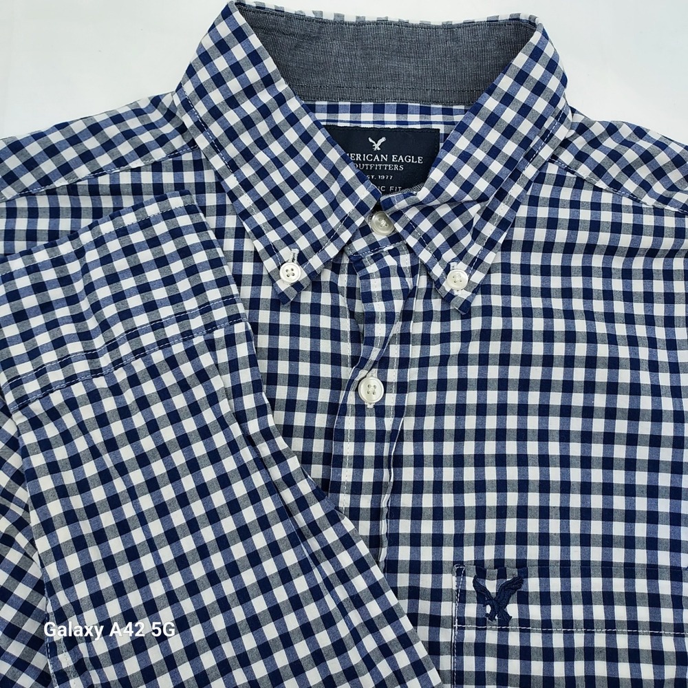 American Eagle Men XS Classic Fit Gingham Button Down Shirt Navy Blue‎ White